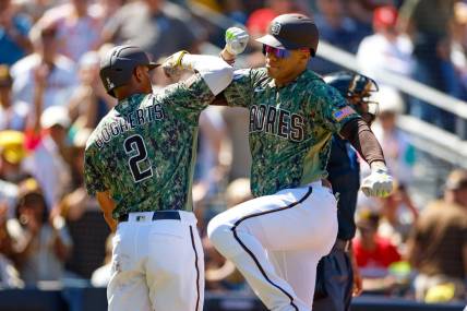 Sep 24, 2023; San Diego, California, USA; San Diego Padres left fielder Juan Soto (22) celebrates with San Diego Padres designated hitter Xander Bogaerts (2) after hitting a three run home run in the first inning against the St. Louis Cardinals at Petco Park. Mandatory Credit: David Frerker-USA TODAY Sports