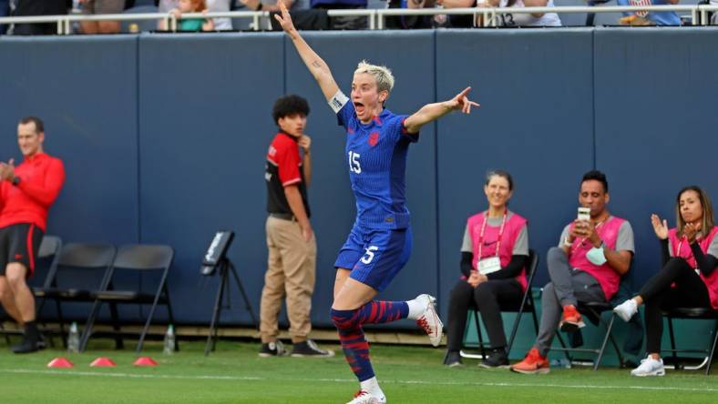 Sep 24, 2023; Chicago, Illinois, USA; United States forward Megan Rapinoe (15) celebrates after her corner kick led to a goal against South Africa scored by defender Emily Sonnett (not pictured) during the second half at Soldier Field. Mandatory Credit: Jon Durr-USA TODAY Sports