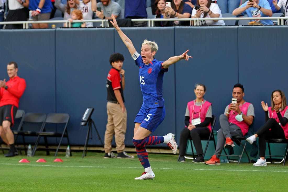 Sep 24, 2023; Chicago, Illinois, USA; United States forward Megan Rapinoe (15) celebrates after her corner kick led to a goal against South Africa scored by defender Emily Sonnett (not pictured) during the second half at Soldier Field. Mandatory Credit: Jon Durr-USA TODAY Sports