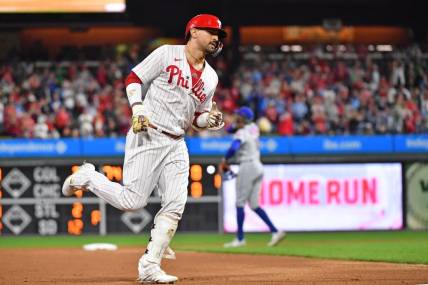 Sep 24, 2023; Philadelphia, Pennsylvania, USA; Philadelphia Phillies right fielder Nick Castellanos (8) runs the bases after hitting a home run against the New York Mets during the fourth inning at Citizens Bank Park. Mandatory Credit: Eric Hartline-USA TODAY Sports