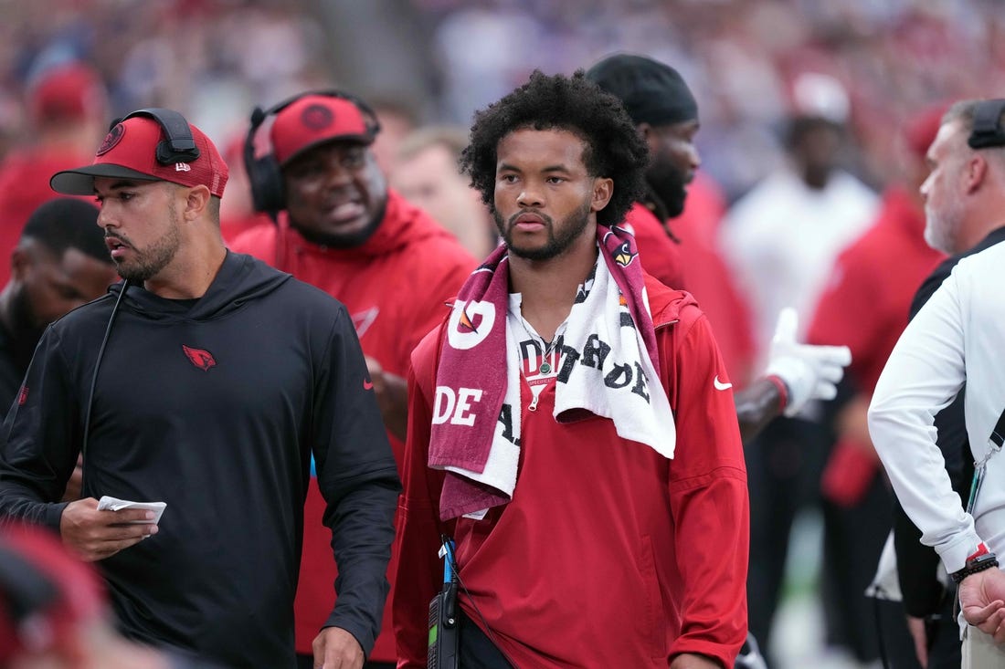 Sep 24, 2023; Glendale, Arizona, USA; Arizona Cardinals quarterback Kyler Murray (1) looks on against the Dallas Cowboys during the second half at State Farm Stadium. Mandatory Credit: Joe Camporeale-USA TODAY Sports