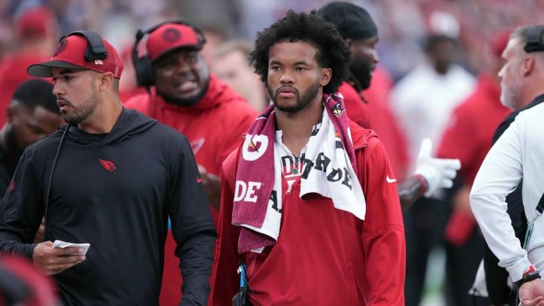 Sep 24, 2023; Glendale, Arizona, USA; Arizona Cardinals quarterback Kyler Murray (1) looks on against the Dallas Cowboys during the second half at State Farm Stadium. Mandatory Credit: Joe Camporeale-USA TODAY Sports