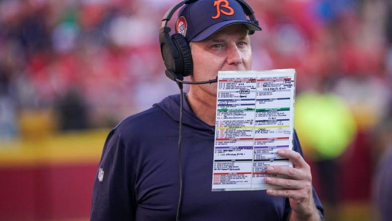 Sep 24, 2023; Kansas City, Missouri, USA; Chicago Bears head coach Matt Eberflus watches play against the Kansas City Chiefs during the second half at GEHA Field at Arrowhead Stadium. Mandatory Credit: Denny Medley-USA TODAY Sports