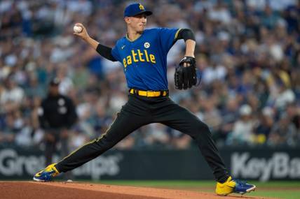 Sep 15, 2023; Seattle, Washington, USA; Seattle Mariners starter George Kirby (68) delivers a pitch against the Los Angeles Dodgers at T-Mobile Park. Mandatory Credit: Stephen Brashear-USA TODAY Sports