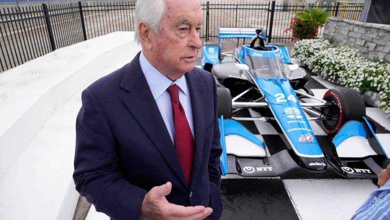 Roger Penske, Chairman of Penske Corporation, discusses bringing back IndyCar racing back as part of a press conference announcing the return of IndyCar racing at the Milwaukee Mile in West Allis on Monday, Sept. 25, 2023. IndyCar announced its schedule Monday morning, including a doubleheader on Labor Day weekend that gives the 120-year-old track at State Fair Park new life yet again.