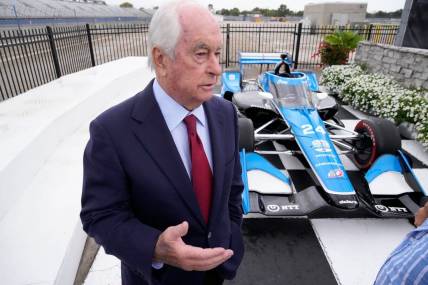 Roger Penske, Chairman of Penske Corporation, discusses bringing back IndyCar racing back as part of a press conference announcing the return of IndyCar racing at the Milwaukee Mile in West Allis on Monday, Sept. 25, 2023. IndyCar announced its schedule Monday morning, including a doubleheader on Labor Day weekend that gives the 120-year-old track at State Fair Park new life yet again.