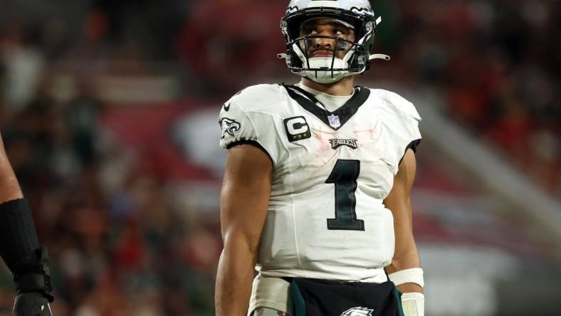 Sep 25, 2023; Tampa, Florida, USA; Philadelphia Eagles quarterback Jalen Hurts (1) against the Tampa Bay Buccaneers during the second half at Raymond James Stadium. Mandatory Credit: Kim Klement Neitzel-USA TODAY Sports