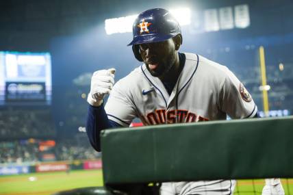 Sep 25, 2023; Seattle, Washington, USA; Houston Astros designated hitter Yordan Alvarez (44) celebrates after hitting a solo-home run against the Seattle Mariners during the third inning at T-Mobile Park. Mandatory Credit: Joe Nicholson-USA TODAY Sports