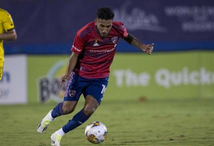 Sep 23, 2023; Frisco, Texas, USA; FC Dallas forward Jesus Ferreira (10) in action during the game between FC Dallas and the Columbus Crew at Toyota Stadium. Mandatory Credit: Jerome Miron-USA TODAY Sports