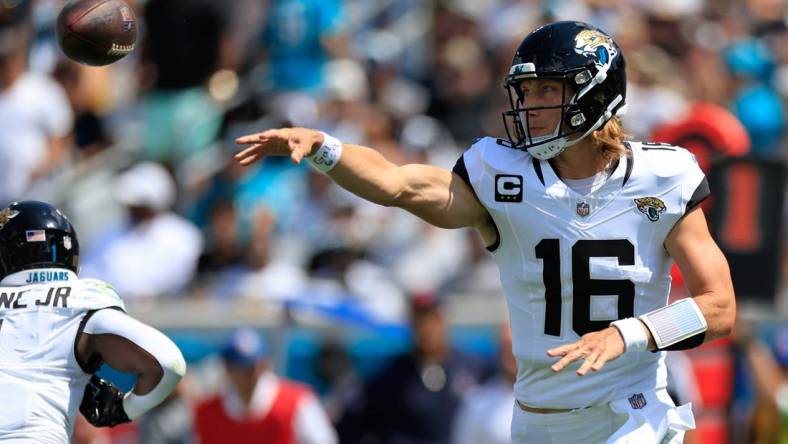 Jacksonville Jaguars quarterback Trevor Lawrence (16) passes the ball during the first quarter of an NFL football matchup Sunday, Sept. 24, 2023 at EverBank Stadium in Jacksonville, Fla. The Houston Texans defeated the Jacksonville Jaguars 37-17. [Corey Perrine/Florida Times-Union]