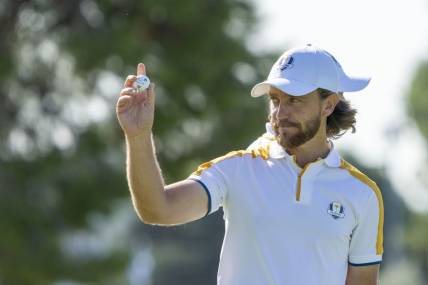 September 26, 2023; Rome, ITALY; Team Europe golfer Tommy Fleetwood acknowledges the crowd after making his putt on the second hole during a practice round of the Ryder Cup golf competition at Marco Simone Golf and Country Club. Mandatory Credit: Kyle Terada-USA TODAY Sports
