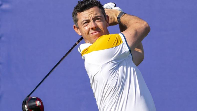 September 26, 2023; Rome, ITALY; Team Europe golfer Rory McIlroy hits his tee shot on the first hole during a practice round of the Ryder Cup golf competition at Marco Simone Golf and Country Club. Mandatory Credit: Kyle Terada-USA TODAY Sports