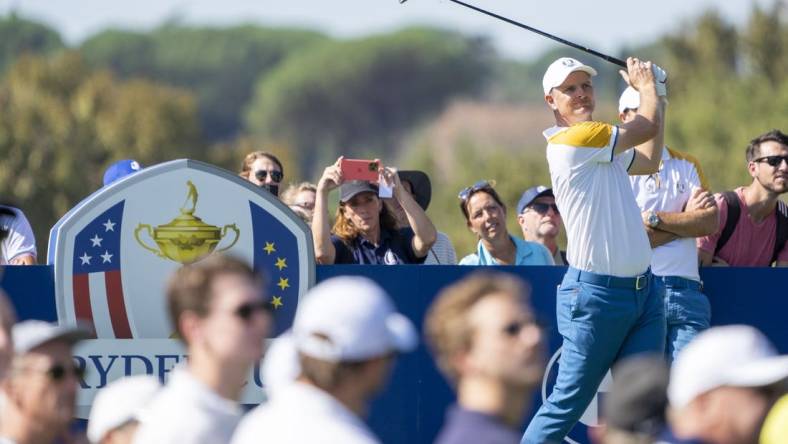 September 26, 2023; Rome, ITALY; Team Europe golfer Justin Rose hits his tee shot on the third hole during a practice round of the Ryder Cup golf competition at Marco Simone Golf and Country Club. Mandatory Credit: Kyle Terada-USA TODAY Sports