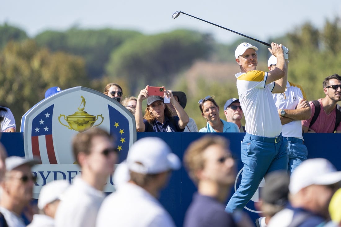 September 26, 2023; Rome, ITALY; Team Europe golfer Justin Rose hits his tee shot on the third hole during a practice round of the Ryder Cup golf competition at Marco Simone Golf and Country Club. Mandatory Credit: Kyle Terada-USA TODAY Sports