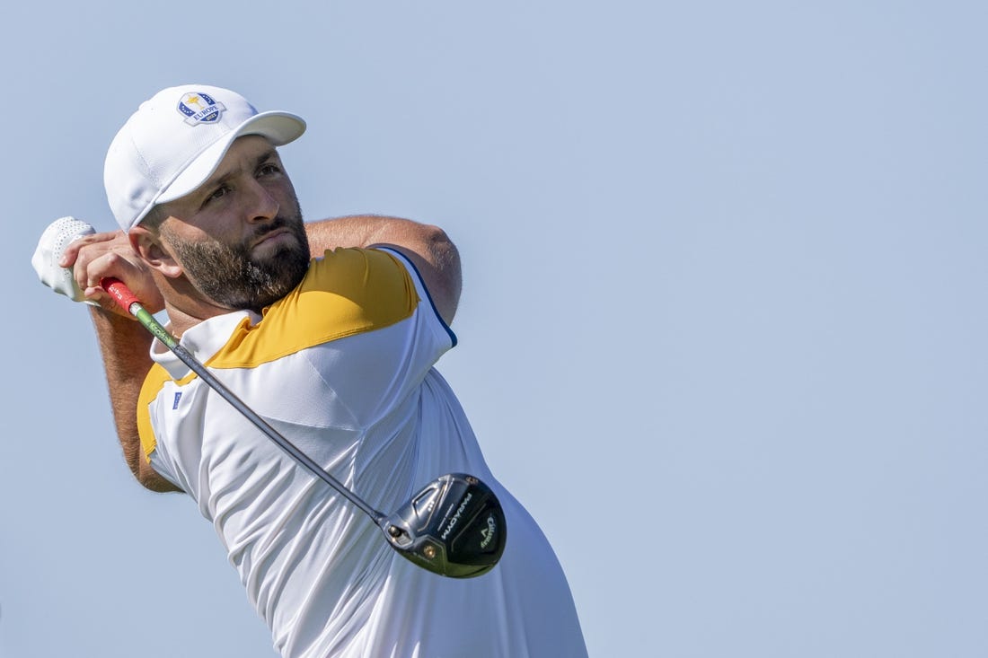 September 26, 2023; Rome, ITALY; Team Europe golfer Jon Rahm hits his tee shot on the third hole during a practice round of the Ryder Cup golf competition at Marco Simone Golf and Country Club. Mandatory Credit: Kyle Terada-USA TODAY Sports