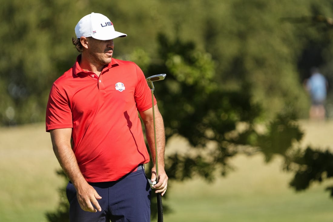 Sep 26, 2023; Rome, ITA; Team USA golfer Brooks Koepka putts on 14 during a practice round of the Ryder Cup golf competition at Marco Simone Golf and Country Club. Mandatory Credit: Adam Cairns-USA TODAY Sports