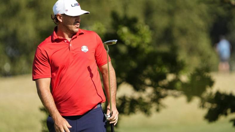 Sep 26, 2023; Rome, ITA; Team USA golfer Brooks Koepka putts on 14 during a practice round of the Ryder Cup golf competition at Marco Simone Golf and Country Club. Mandatory Credit: Adam Cairns-USA TODAY Sports