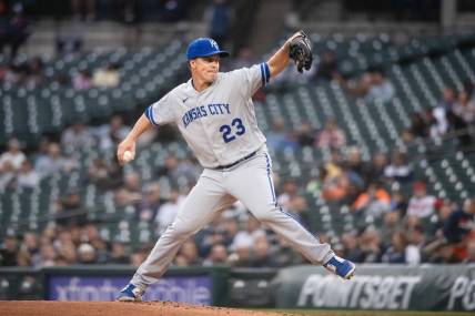 Sep 26, 2023; Detroit, Michigan, USA; Kansas City Royals starting pitcher Zack Greinke (23) pitches during the first inning against the Detroit Tigers at Comerica Park. Mandatory Credit: Tim Fuller-USA TODAY Sports