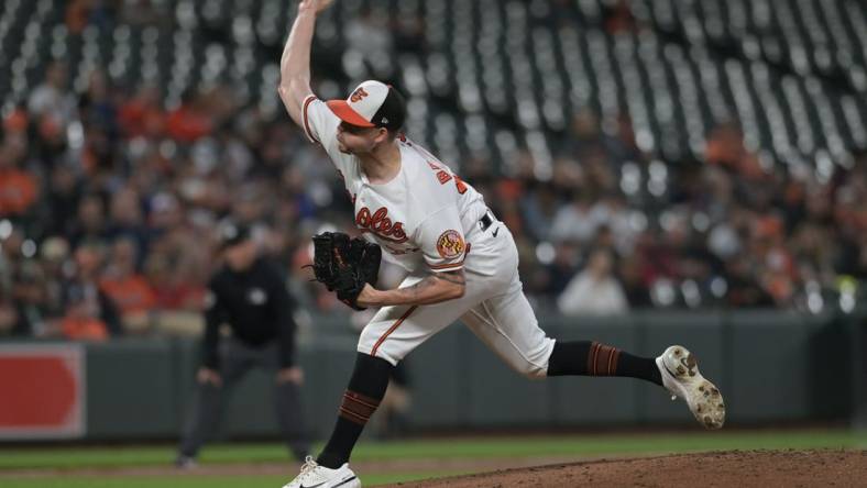 Sep 26, 2023; Baltimore, Maryland, USA;  Baltimore Orioles starting pitcher Kyle Bradish (39) throws a second inning pitch against the Washington Nationals at Oriole Park at Camden Yards. Mandatory Credit: Tommy Gilligan-USA TODAY Sports