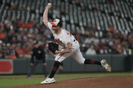 Sep 26, 2023; Baltimore, Maryland, USA;  Baltimore Orioles starting pitcher Kyle Bradish (39) throws a second inning pitch against the Washington Nationals at Oriole Park at Camden Yards. Mandatory Credit: Tommy Gilligan-USA TODAY Sports