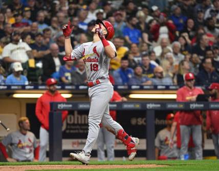Sep 26, 2023; Milwaukee, Wisconsin, USA; St. Louis Cardinals shortstop Tommy Edman (19) celebrates after hitting a home run against the Milwaukee Brewers in the fifth inning at American Family Field. Mandatory Credit: Michael McLoone-USA TODAY Sports