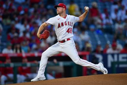 Sep 26, 2023; Anaheim, California, USA; Los Angeles Angels starting pitcher Reid Detmers (48) throws against the Texas Rangers during the first inning at Angel Stadium. Mandatory Credit: Gary A. Vasquez-USA TODAY Sports