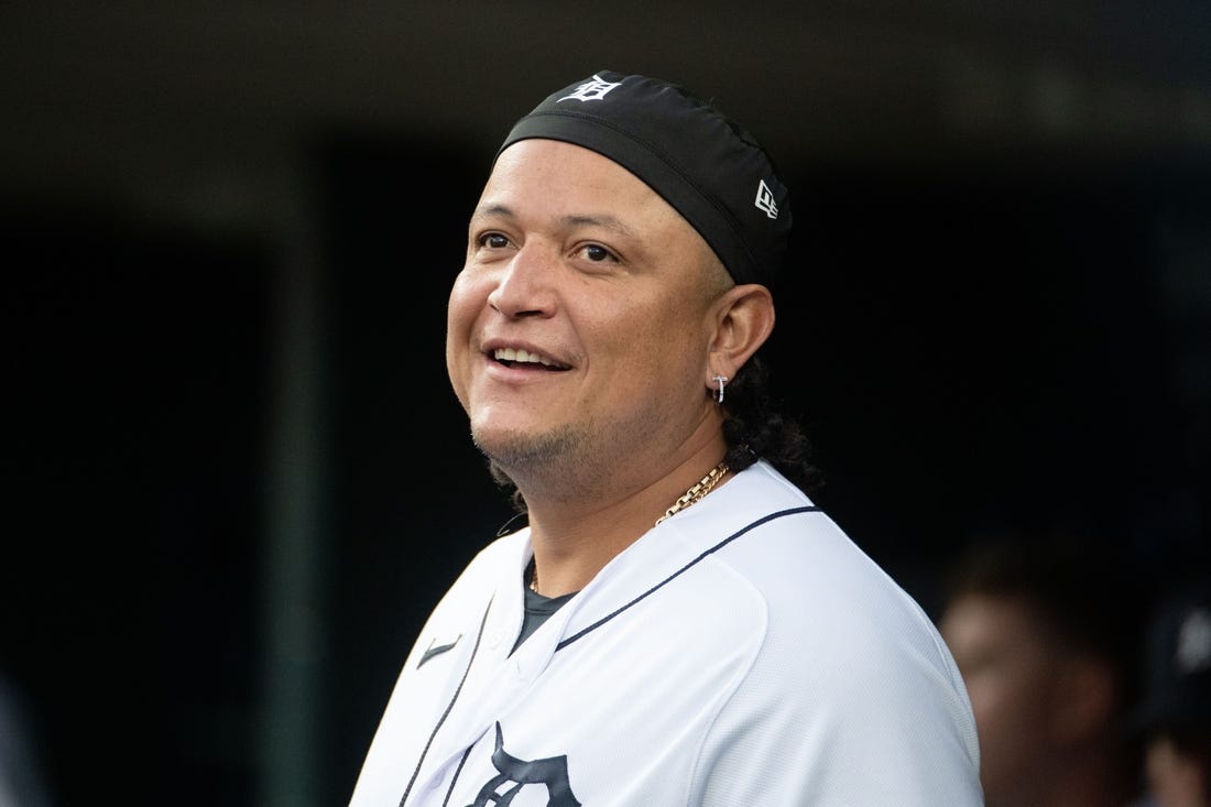 Sep 26, 2023; Detroit, Michigan, USA; Detroit Tigers designated hitter Miguel Cabrera (24) looks on during the first inning against the Kansas City Royals at Comerica Park. Mandatory Credit: Tim Fuller-USA TODAY Sports