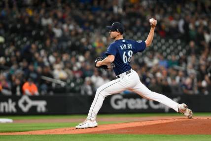 Sep 26, 2023; Seattle, Washington, USA; Seattle Mariners starting pitcher George Kirby (68) pitches to the Houston Astros during the first inning at T-Mobile Park. Mandatory Credit: Steven Bisig-USA TODAY Sports