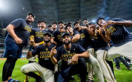 Milwaukee Brewers players celebrate the National League Central Division Championship on Tuesday September 26, 2023 at American Family Field in Milwaukee, Wis.