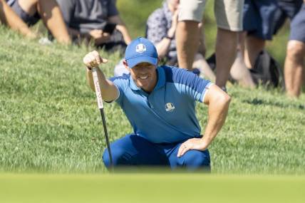 September 27, 2023; Rome, ITA; Team Europe golfer Rory McIlroy lines up his putt on the 14th hole during a practice day for the Ryder Cup golf competition at Marco Simone Golf and Country Club. Mandatory Credit: Kyle Terada-USA TODAY Sports
