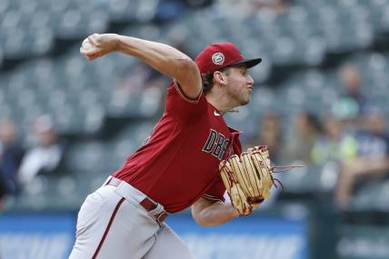 Sep 27, 2023; Chicago, Illinois, USA; Arizona Diamondbacks starting pitcher Brandon Pfaadt (32) delivers a pitch against the Chicago White Sox during the first inning at Guaranteed Rate Field. Mandatory Credit: Kamil Krzaczynski-USA TODAY Sports
