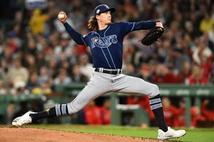 cSep 27, 2023; Boston, Massachusetts, USA; Tampa Bay Rays starting pitcher Tyler Glasnow (20) pitches against the Boston Red Sox during the third inning at Fenway Park. Mandatory Credit: Brian Fluharty-USA TODAY Sports