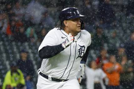 Sep 27, 2023; Detroit, Michigan, USA; Detroit Tigers designated hitter Miguel Cabrera (24) hits a home run in the second inning at Comerica Park. Mandatory Credit: Brian Bradshaw Sevald-USA TODAY Sports
