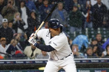 Sep 27, 2023; Detroit, Michigan, USA; Detroit Tigers designated hitter Miguel Cabrera (24) prepares to swing during an at bat in the second inning at Comerica Park. Mandatory Credit: Brian Bradshaw Sevald-USA TODAY Sports