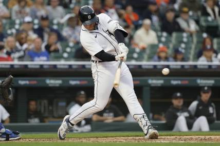 Sep 28, 2023; Detroit, Michigan, USA; Detroit Tigers designated hitter Spencer Torkelson (20) hits a three run home run in the seventh inning against the Kansas City Royals at Comerica Park. Mandatory Credit: Rick Osentoski-USA TODAY Sports
