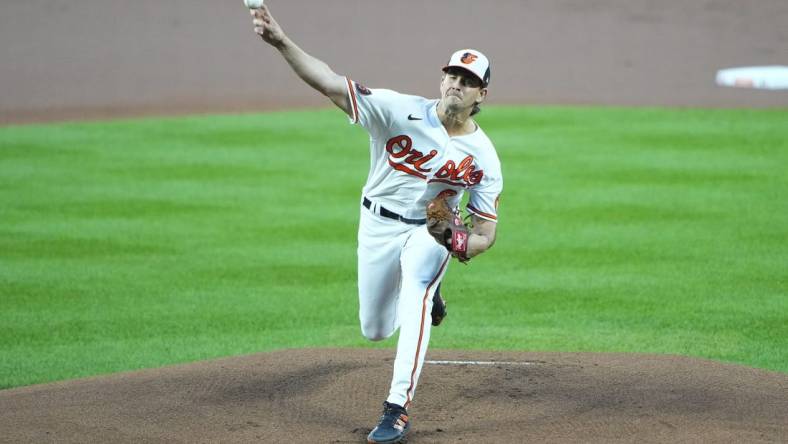 Sep 28, 2023; Baltimore, Maryland, USA; Baltimore Orioles pitcher Dean Kremer (64) delivers a pitch against the Boston Red Sox during the first inning at Oriole Park at Camden Yards. Mandatory Credit: Gregory Fisher-USA TODAY Sports