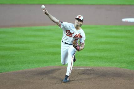 Sep 28, 2023; Baltimore, Maryland, USA; Baltimore Orioles pitcher Dean Kremer (64) delivers a pitch against the Boston Red Sox during the first inning at Oriole Park at Camden Yards. Mandatory Credit: Gregory Fisher-USA TODAY Sports