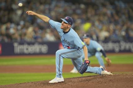 Sep 28, 2023; Toronto, Ontario, CAN; Toronto Blue Jays starting pitcher Chris Bassitt (40) pitches to the New York Yankees during the third inning at Rogers Centre. Mandatory Credit: John E. Sokolowski-USA TODAY Sports