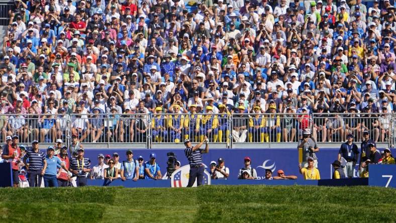 Sep 29, 2023; Rome, ITA; Team USA golfer Jordan Spieth tees off on the seventh hole during day one fourballs round for the 44th Ryder Cup golf competition at Marco Simone Golf and Country Club. Mandatory Credit: Adam Cairns-USA TODAY Sports