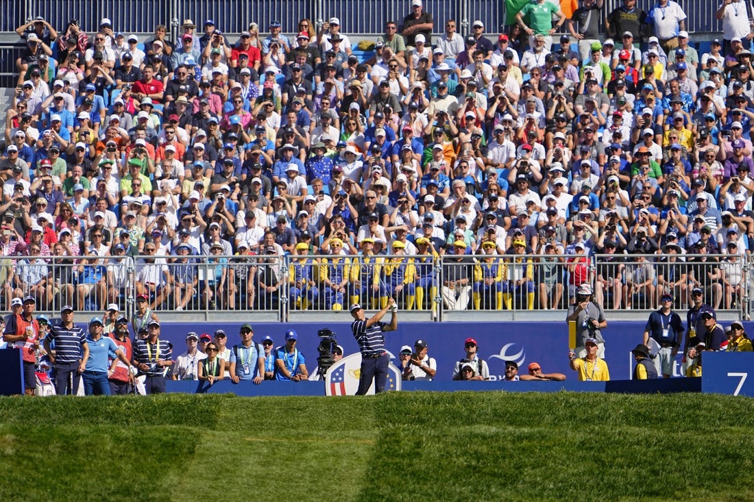 Sep 29, 2023; Rome, ITA; Team USA golfer Jordan Spieth tees off on the seventh hole during day one fourballs round for the 44th Ryder Cup golf competition at Marco Simone Golf and Country Club. Mandatory Credit: Adam Cairns-USA TODAY Sports