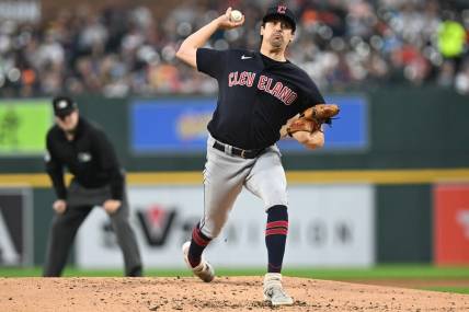 Sep 29, 2023; Detroit, Michigan, USA; Cleveland Guardians starting pitcher Cal Quantrill (47) throws a pitch against the Detroit Tigers in the second inning at Comerica Park. Mandatory Credit: Lon Horwedel-USA TODAY Sports