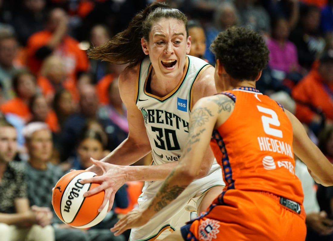 Sep 29, 2023; Uncasville, Connecticut, USA; New York Liberty forward Breanna Stewart (30) drives the ball against Connecticut Sun guard Natisha Hiedeman (2) in the second quarter during game three of the 2023 WNBA Playoffs at Mohegan Sun Arena. Mandatory Credit: David Butler II-USA TODAY Sports