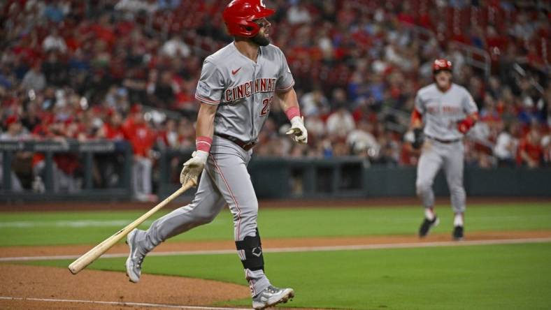 Sep 29, 2023; St. Louis, Missouri, USA;  Cincinnati Reds designated hitter Nick Martini (23) hits a three-run home run against the St. Louis Cardinals during the first inning at Busch Stadium. Mandatory Credit: Jeff Curry-USA TODAY Sports