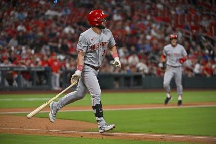 Sep 29, 2023; St. Louis, Missouri, USA;  Cincinnati Reds designated hitter Nick Martini (23) hits a three-run home run against the St. Louis Cardinals during the first inning at Busch Stadium. Mandatory Credit: Jeff Curry-USA TODAY Sports