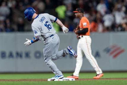Sep 29, 2023; San Francisco, California, USA; Los Angeles Dodgers catcher Will Smith (16) runs the bases after hitting a two-run home run against the San Francisco Giants during the first inning at Oracle Park. Mandatory Credit: John Hefti-USA TODAY Sports