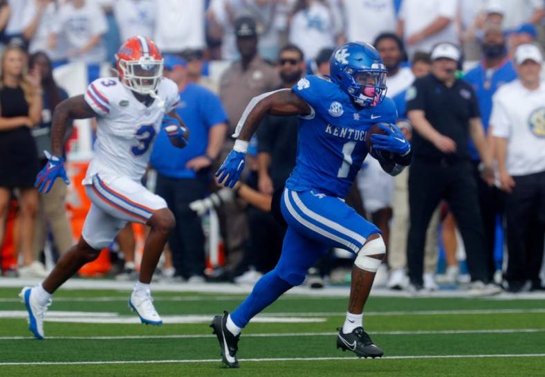 Kentucky   s Ray Davis ran past Florida   s Jason Marshall Jr. for the long touchdown Saturday afternoon.
Sept. 30, 2023