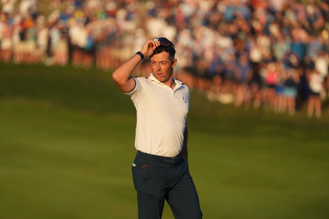 Sep 30, 2023; Rome, ITALY;  Team Europe golfer Rory McIlroy on the 16th green during day two fourballs round for the 44th Ryder Cup golf competition at Marco Simone Golf and Country Club. Mandatory Credit: Kyle Terada-USA TODAY Sports