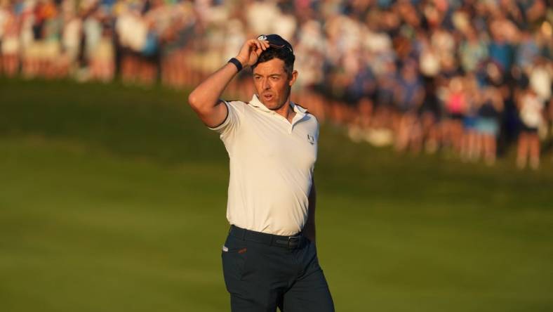 Sep 30, 2023; Rome, ITALY;  Team Europe golfer Rory McIlroy on the 16th green during day two fourballs round for the 44th Ryder Cup golf competition at Marco Simone Golf and Country Club. Mandatory Credit: Kyle Terada-USA TODAY Sports