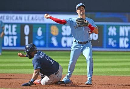 Sep 30, 2023; Toronto, Ontario, CAN;   Toronto Blue Jays second baseman Whit Merrifield (15) throws to first base to complete a double play after forcing out Tampa Bay Rays center Manuel Margot (13) in the second inning at Rogers Centre. Mandatory Credit: Dan Hamilton-USA TODAY Sports