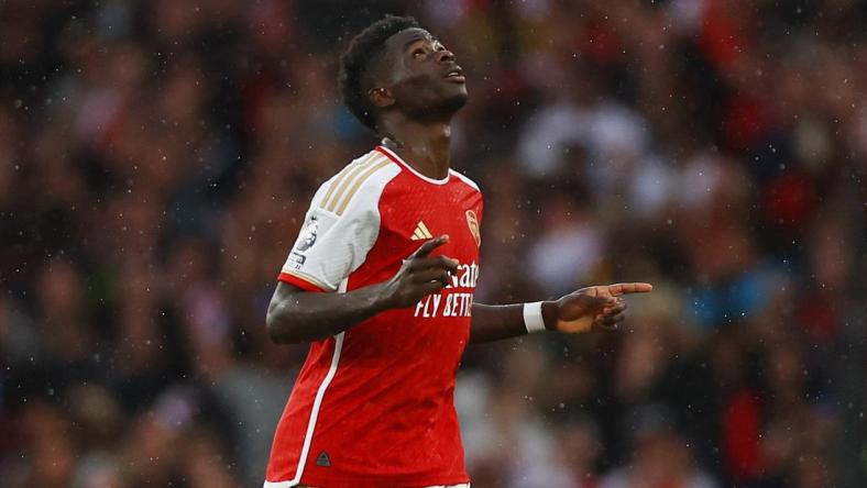 Arsenal's Bukayo Saka celebrates scoring in a match on Aug. 26, 2023.